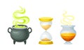 Witch cauldron with bubbling potion and hourglass. Witchcraft objects set cartoon vector illustration Royalty Free Stock Photo