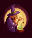 A witch with a cauldron. Cooking witch poison or potion in a cauldron. Ingredients rash.