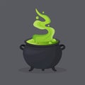 Witch cauldron, Halloween magic pot with a green potion. Vector steel boiler with boiling magic brew or steaming goo Royalty Free Stock Photo