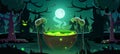 Witch cauldron in night forest Halloween scene Royalty Free Stock Photo