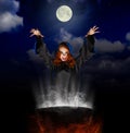 Witch with cauldron on night sky background Royalty Free Stock Photo