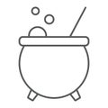 Witch cauldron thin line icon, magic and witchcraft, pot sign, vector graphics, a linear pattern on a white background,