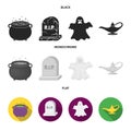 A witch cauldron, a tombstone, a ghost, a gin lamp.Black and white magic set collection icons in black, flat, monochrome Royalty Free Stock Photo