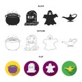 A witch cauldron, a tombstone, a ghost, a gin lamp.Black and white magic set collection icons in black,flat,outline Royalty Free Stock Photo