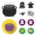 A witch cauldron, a tombstone, a ghost, a gin lamp.Black and white magic set collection icons in black, flat style Royalty Free Stock Photo
