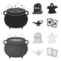 A witch cauldron, a tombstone, a ghost, a gin lamp.Black and white magic set collection icons in black,monochrome style Royalty Free Stock Photo