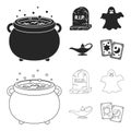 A witch cauldron, a tombstone, a ghost, a gin lamp.Black and white magic set collection icons in black,outline style Royalty Free Stock Photo