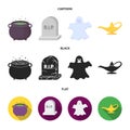 A witch cauldron, a tombstone, a ghost, a gin lamp.Black and white magic set collection icons in cartoon,black,flat Royalty Free Stock Photo