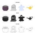 A witch cauldron, a tombstone, a ghost, a gin lamp.Black and white magic set collection icons in cartoon,black,outline Royalty Free Stock Photo