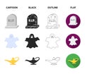 A witch cauldron, a tombstone, a ghost, a gin lamp.Black and white magic set collection icons in cartoon,black,outline Royalty Free Stock Photo