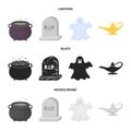 A witch cauldron, a tombstone, a ghost, a gin lamp.Black and white magic set collection icons in cartoon,black Royalty Free Stock Photo