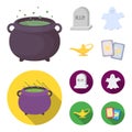 A witch cauldron, a tombstone, a ghost, a gin lamp.Black and white magic set collection icons in cartoon,flat style Royalty Free Stock Photo