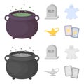 A witch cauldron, a tombstone, a ghost, a gin lamp.Black and white magic set collection icons in cartoon,monochrome Royalty Free Stock Photo