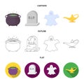 A witch cauldron, a tombstone, a ghost, a gin lamp.Black and white magic set collection icons in cartoon,outline,flat Royalty Free Stock Photo