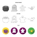 A witch cauldron, a tombstone, a ghost, a gin lamp.Black and white magic set collection icons in flat,outline,monochrome Royalty Free Stock Photo