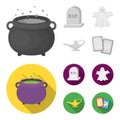 A witch cauldron, a tombstone, a ghost, a gin lamp.Black and white magic set collection icons in monochrome,flat style Royalty Free Stock Photo