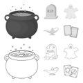 A witch cauldron, a tombstone, a ghost, a gin lamp.Black and white magic set collection icons in outline,monochrome Royalty Free Stock Photo