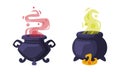 Witch cauldrons with boiling potion. Witchcraft attributes, halloween objects cartoon vector illustration Royalty Free Stock Photo