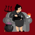 Witch in chair. Skull and black cat. Sorceress and Magic Pot Pot