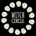 Witch circle boho candles doodles in a wreath composition. Vector wiccan magical circle logo