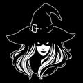 Witch in a classic hat, with flowing hair and a vicious grin