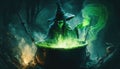 A witch cloaked in darkness stirring a glowing green potion in a towering cauldron. Fantasy art. AI generation