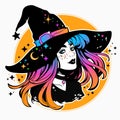 Witch with colorful hair and black classic hat Royalty Free Stock Photo