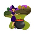 Witch Cooking Magic Brew Flat Color Illustration