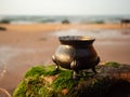 Witch craft cauldron burning ritual on the beach Royalty Free Stock Photo