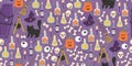 Witch craft Halloween seamless pattern. Skull, bones, poison, black cat, coffin holiday hand drawn cartoon style background for