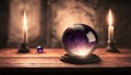 A witch crystal ball sitting on top of an old wooden table.