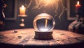 A witch crystal ball sitting on top of an old wooden table.