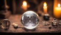 A witch crystal ball sitting on top of an old wooden table.