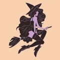 Witch. Cute Ladies. Pin-up, Retro Style. Halloween Costume Concept.