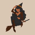 Witch. Cute Ladies. Pin-up, Retro Style. Halloween Costume Concept.