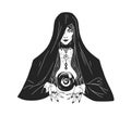 Witch divining and foretelling future with crystal ball. Woman practicing witchcraft, wizardry and divination. Black and Royalty Free Stock Photo