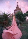 Witch elf rises to the castle, princess with blond hair, oblique and tiara dresses pink dress and cloak with a long Royalty Free Stock Photo