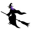 The witch flies astride a broomstick. Silhouette. Vector illustration. Isolated white background. A woman in a hat with a long Royalty Free Stock Photo