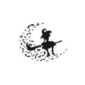 Witch flies on the broom with bats. Moon, bats and and hag in hat. Magic, fantasy