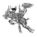 Witch flies with a broom and a goat. Ancient mythical Magic character. Engraved monochrome sketch. Hand drawn vintage