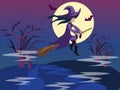 Witch flies on a broomstick, coven. Fantasy halloween. In minimalist style. Cartoon flat vector