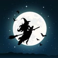Witch flying on a broom against full moon Royalty Free Stock Photo