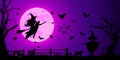 Witch flying on a broom against violet full moon Royalty Free Stock Photo