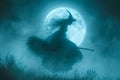 Witch Flying on Broom in Moonlit Night Sky. Royalty Free Stock Photo