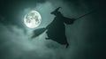 A witch flying on a broom under the full moon in the midnight sky. Helloween Royalty Free Stock Photo