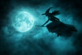 Witch flying on a broomstick in front of a moon on halloween night Royalty Free Stock Photo