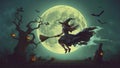 A witch flying on a broomstick in front of a large, glowing full moon Royalty Free Stock Photo