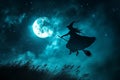 Witch flying on a broomstick in front of a moon on halloween night Royalty Free Stock Photo