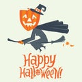 A Witch flying on a broomstick. Happy Halloween postcard, poster, background or party invitation. Vector illustration. Royalty Free Stock Photo