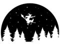 Witch flying on a broomstick at night. Black and white illustration of a witch for halloween celebration. Vector drawing